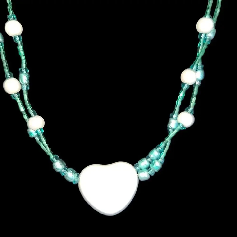 Teal Green & White Heart‎ Glass & Acrylic Bead 16